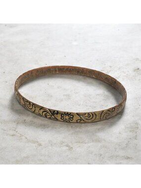 Vintage Copper Floral Etched Bangle Bracelet 2.5 Inches Diameter Antique Finish